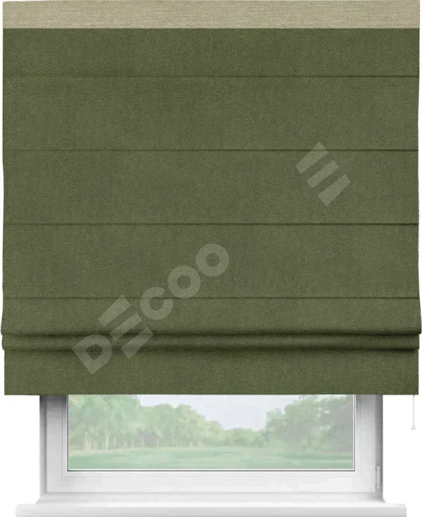 Римская штора «Кортин» для проема, лён димаут салатовый с кантом Кинг