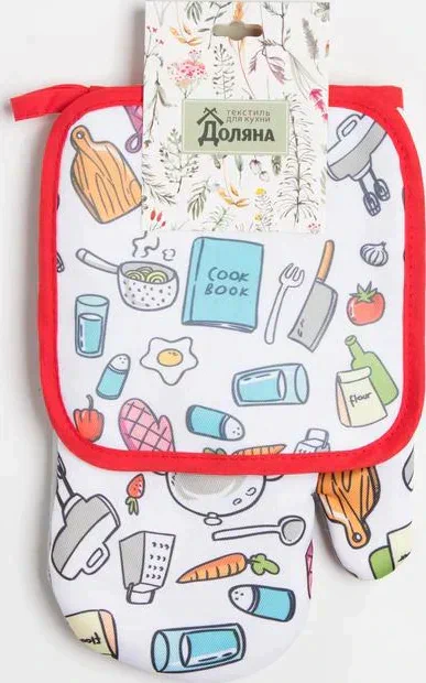 Кухонный набор Доляна Cook book, прихватка 17*17 см, рукавица 26*16 см,100% п/э