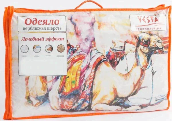 Одеяло облегченное 140х205 см, шерсть верблюда, ткань тик, п/э 100%