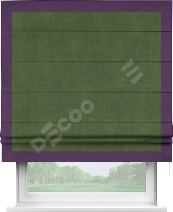 Римская штора «Кортин» с кантом Чесс, для проема, ткань вельвет тёмно-салатовый