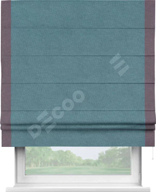 Римская штора «Кортин» для проема, лён димаут светло-синий с кантом Стрим Дуо