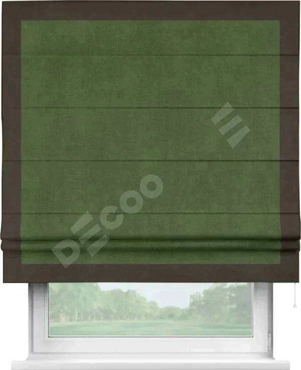 Римская штора «Кортин» с кантом Чесс, для проема, ткань вельвет тёмно-салатовый
