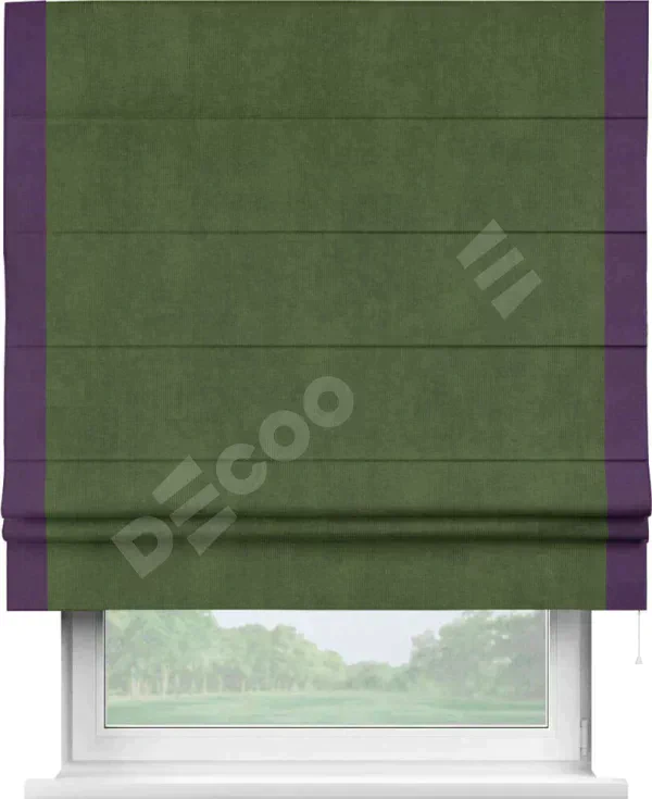 Римская штора «Кортин» с кантом Стрим Дуо, для проема, ткань вельвет тёмно-салатовый