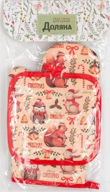 Кухонный новогодний набор Доляна «Christmas», прихватка 17*17 см, варежка 26*16 см,100% п/э