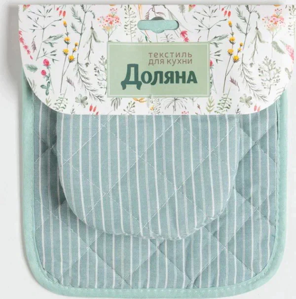 Кухонныйнабор Доляна «Полосы», прихватка20х20см, варежка12х15см, зеленый, 50%п/э, 50%хл