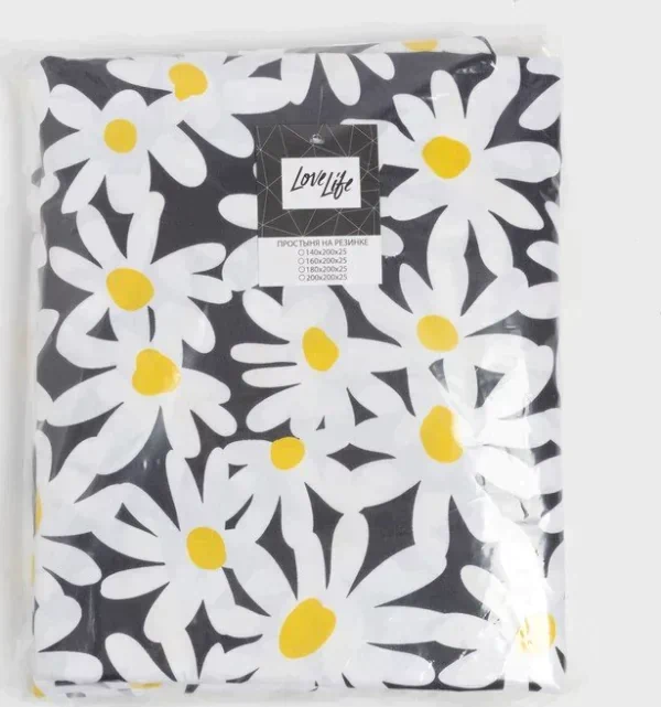 Простыня на резинке LoveLife 160*200*25см, "Ромашки", 100% хлопок, сатин, 125г/м²