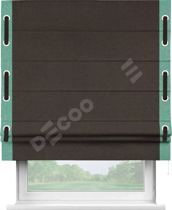 Римская штора «Кортин» для проёма, лён тёмно-коричневый, с кантом Стрим Дуо (люверсы с пояском)