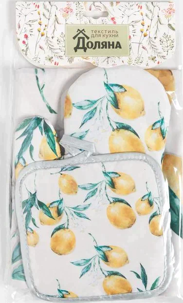 Кухонный набор Доляна Lemon, прихватка 17*17 см, рукавица 26*16 см, фартук 70*80 см 100% п/э