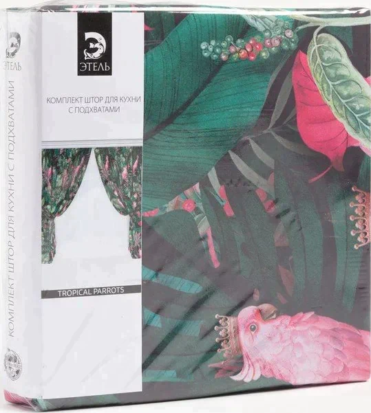 Комплект штор для кухни с подхватами Этель Tropical parrots 145х180см-2 шт., 100% п/э