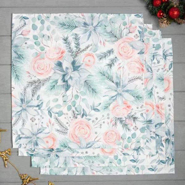 Набор новогодних салфеток Этель "Christmas flowers" 46х46 см - 4шт., 100%хл, саржа 190 г/м2