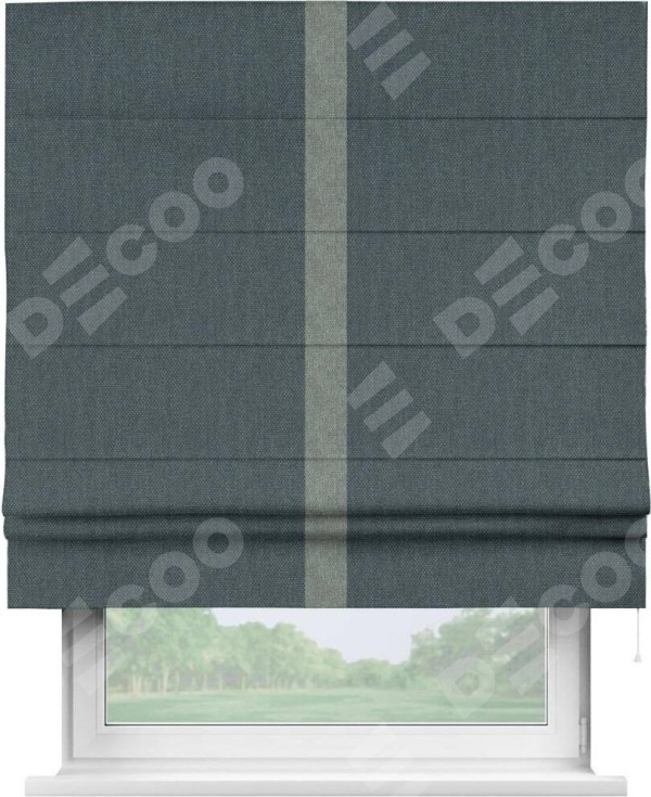 Римская штора «Кортин» с кантом Хайвэй, для проема, ткань лён димаут, серо-синий