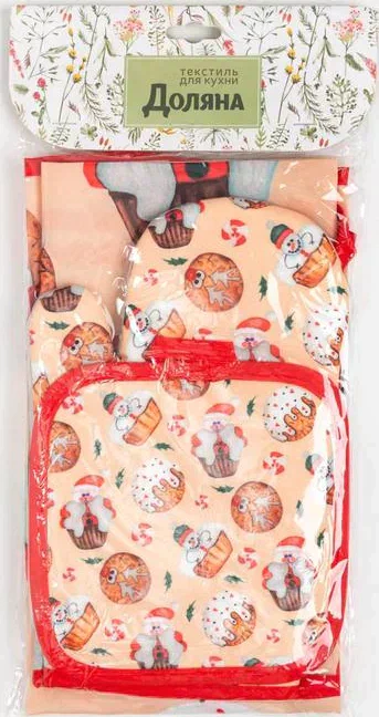 Кухонный новогодний набор Доляна Christmas прихватка 17*17см, варежка 26*16 см, фартук 60*80 см,100% п/э