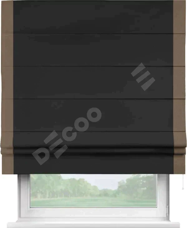 Римская штора «Cortin» для проёма, блэкаут однотонный черный с кантом Стрим Дуо