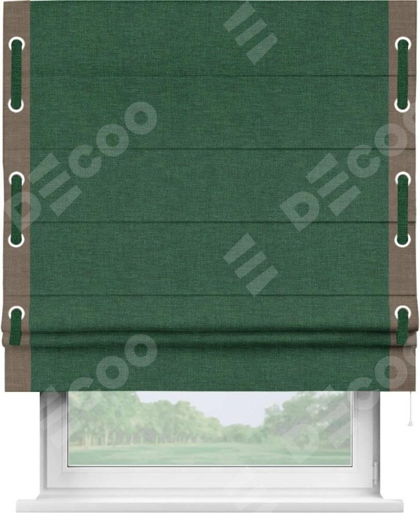 Римская штора «Кортин» с кантом Стрим Дуо (люверсы с пояском), для проема, ткань лён серо-зеленый
