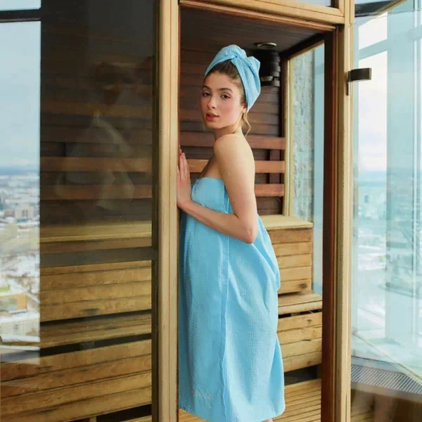 Набор для бани Spa day жен.парео 80х150±4 см, чалма, 100% хл., ваф.полотно, голубой