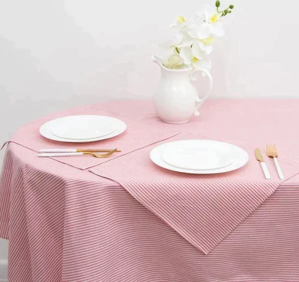Набор Доляна скатерть 145х200см/салфетки 40х40см 4шт, Розовые полоски, 100%пэ,рогожка 200 гр/м   358