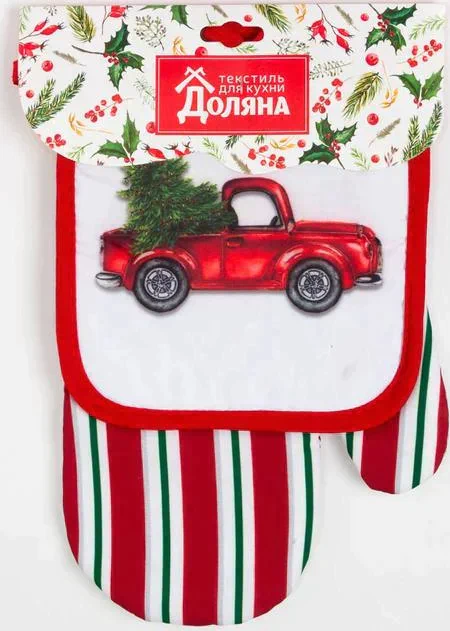 Кухонный новогодний набор Доляна "Новый год" цв.красный, прихватка 17*17 см, варежка 26*16 см,100% п/э