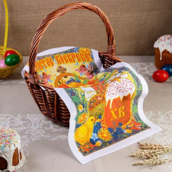 Рушник пасхальный "Корзина с цветами и яйцами", 65 × 30 см