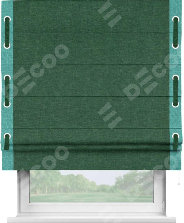 Римская штора «Кортин» с кантом Стрим Дуо (люверсы с пояском), для проема, ткань лён серо-зеленый